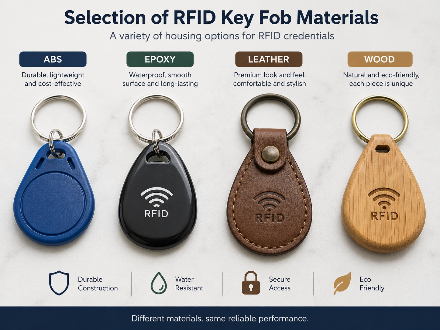 Selection of RFID key fob materials including ABS, epoxy, leather, and wood demonstrating the variety of housing options for RFID credentials.