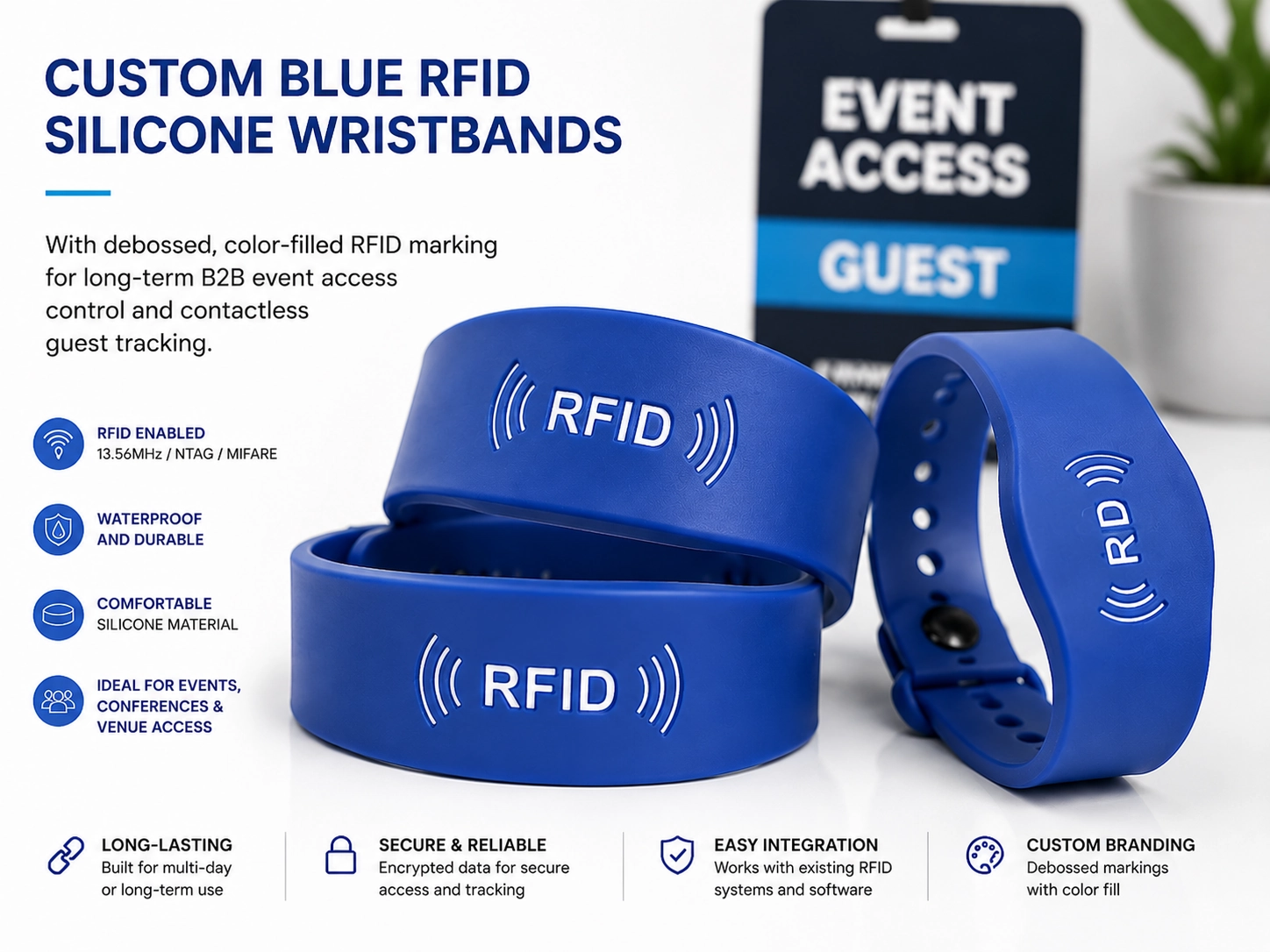 Custom blue RFID silicone wristbands with debossed color-filled branding logos for long-term B2B event access control and contactless guest tracking.